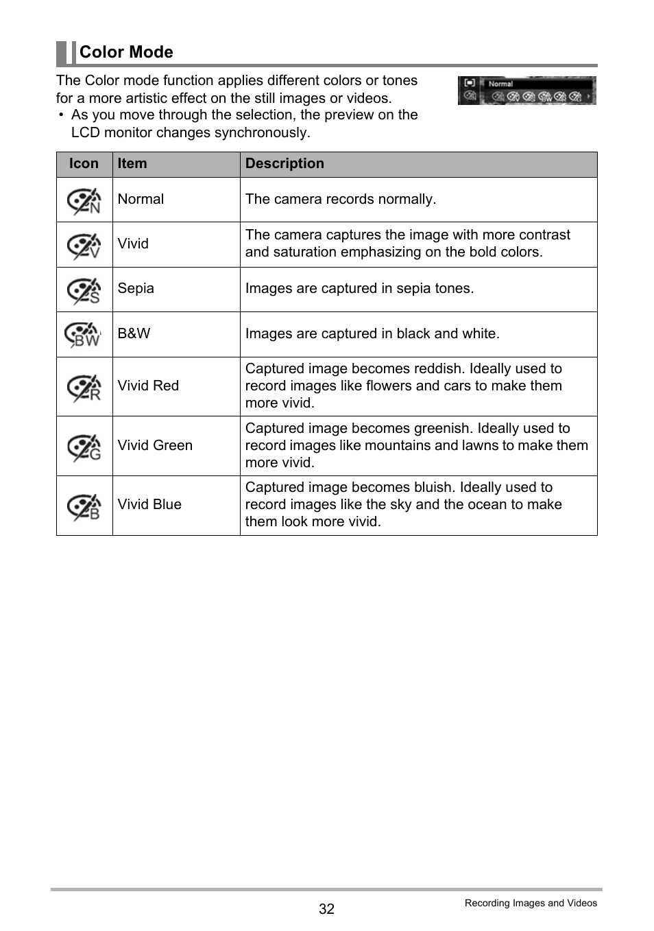 Color mode | Casio QV-R100 User Manual | Page 32 / 89