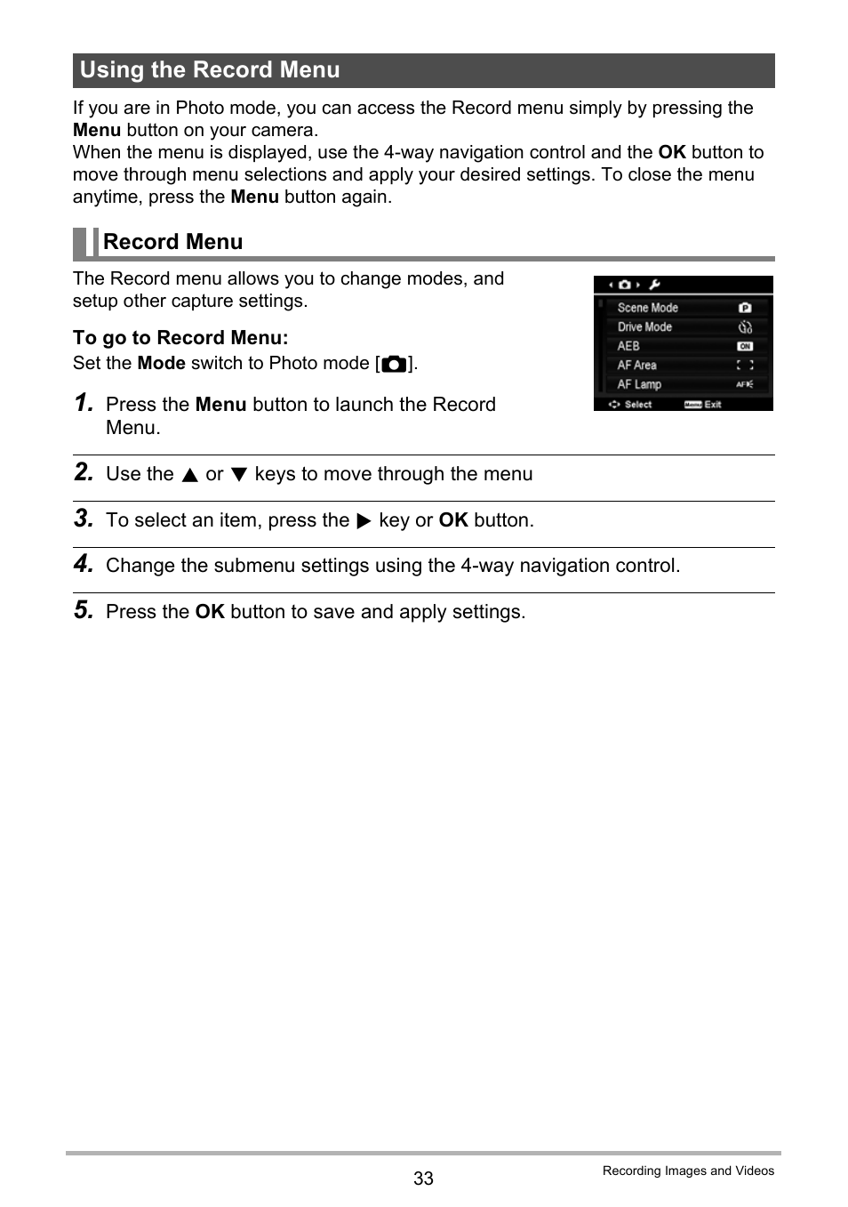 Using the record menu | Casio QV-R100 User Manual | Page 33 / 89