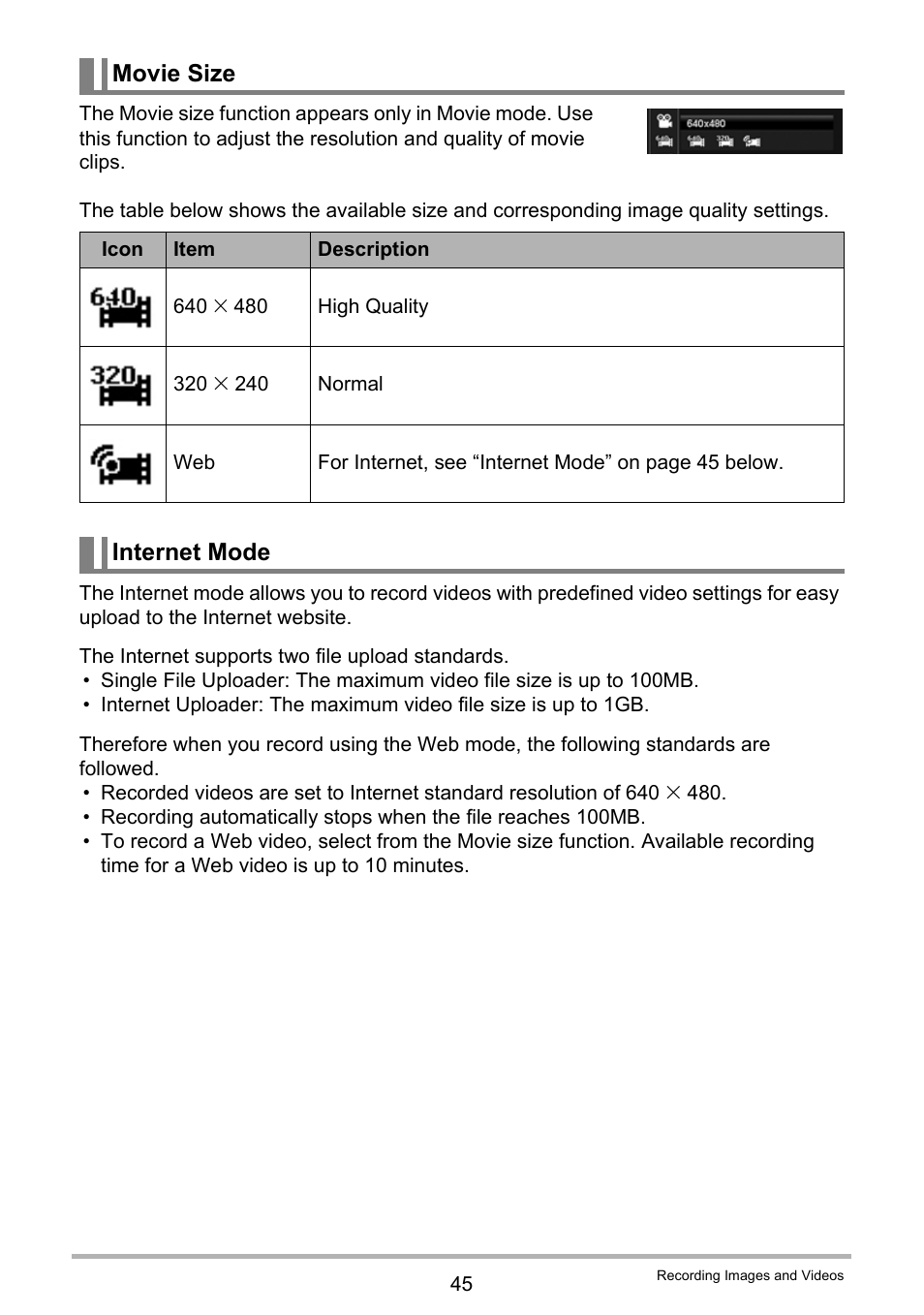 Movie size, Internet mode | Casio QV-R100 User Manual | Page 45 / 89