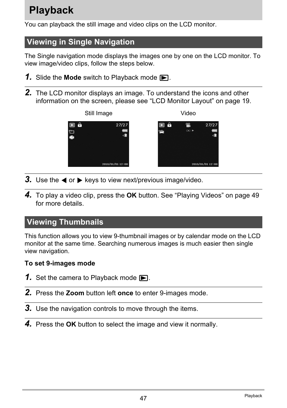 Playback, Viewing in single navigation, Viewing thumbnails | Viewing in single navigation viewing thumbnails | Casio QV-R100 User Manual | Page 47 / 89