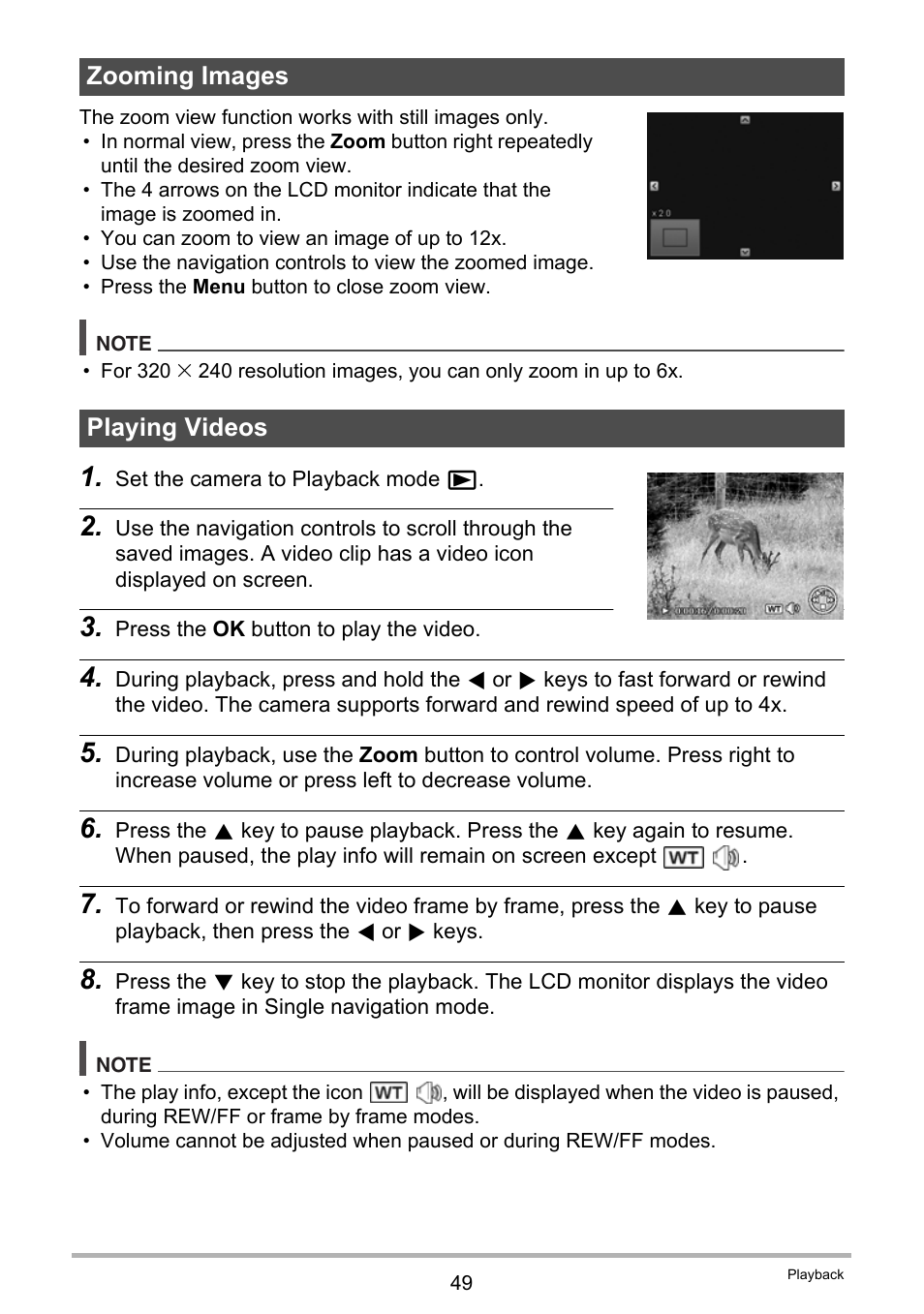 Zooming images, Playing videos, Zooming images playing videos | Casio QV-R100 User Manual | Page 49 / 89