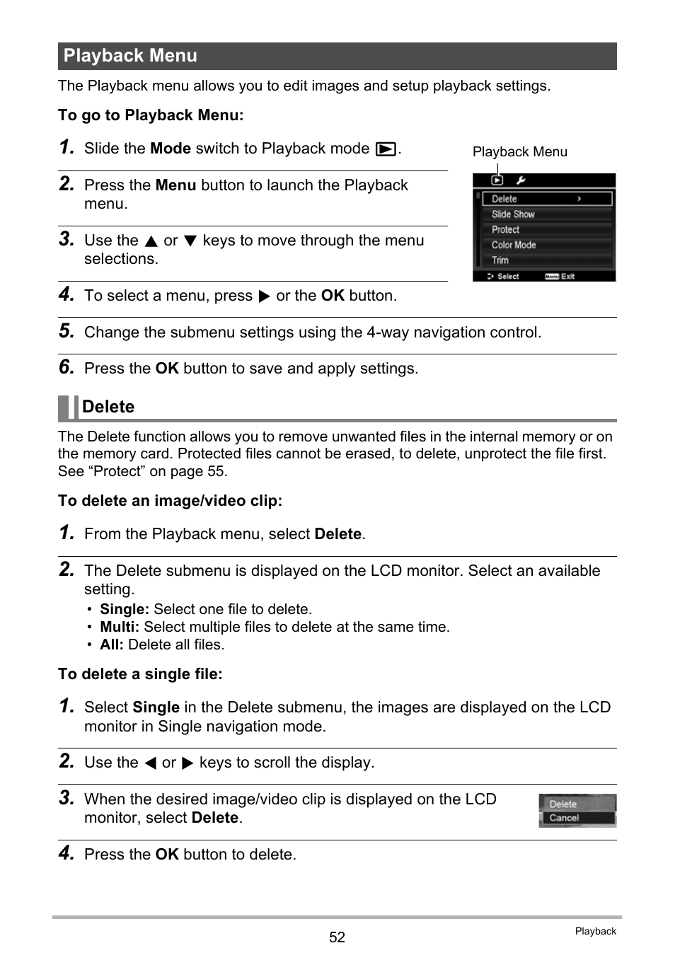 Playback menu | Casio QV-R100 User Manual | Page 52 / 89