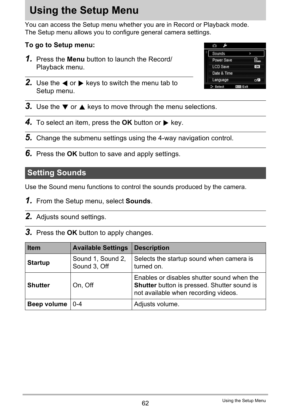 Using the setup menu, Setting sounds | Casio QV-R100 User Manual | Page 62 / 89