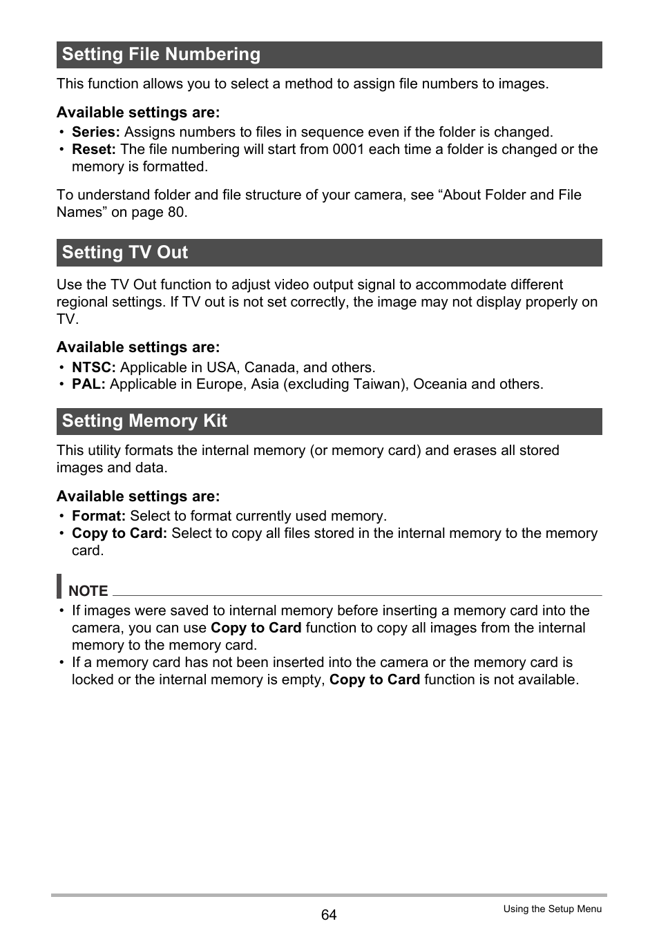 Setting file numbering, Setting tv out, Setting memory kit | Casio QV-R100 User Manual | Page 64 / 89