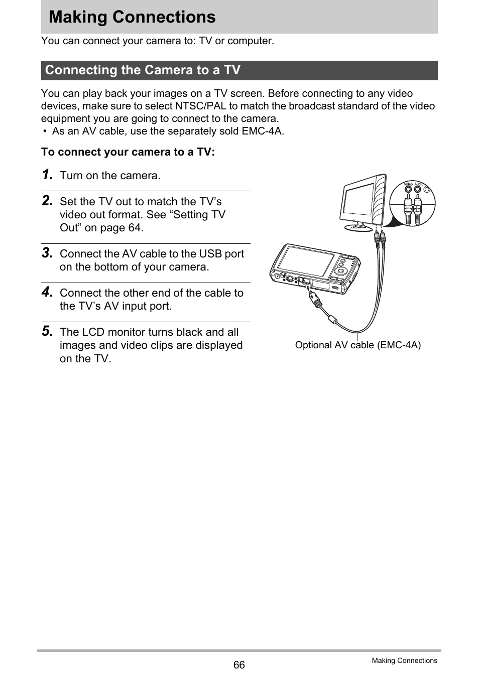 Making connections, Connecting the camera to a tv | Casio QV-R100 User Manual | Page 66 / 89