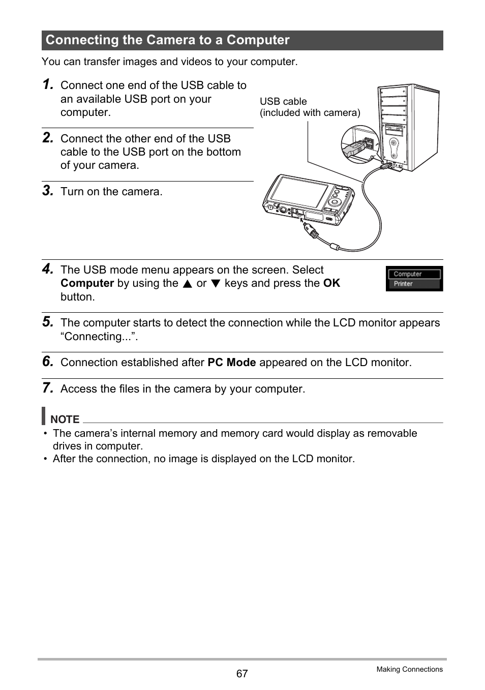 Connecting the camera to a computer | Casio QV-R100 User Manual | Page 67 / 89