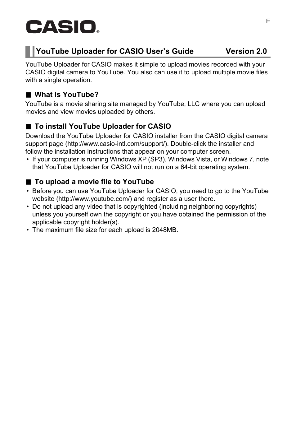 Casio YouTube Uploader for CASIO User Manual | 2 pages
