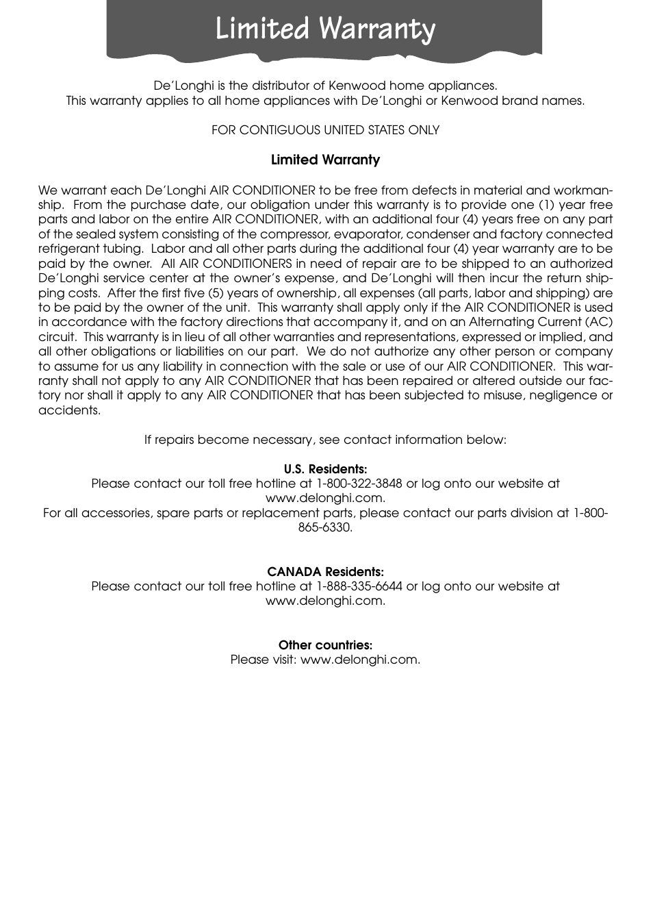 Limited warranty | DeLonghi PACL90 User Manual | Page 18 / 18