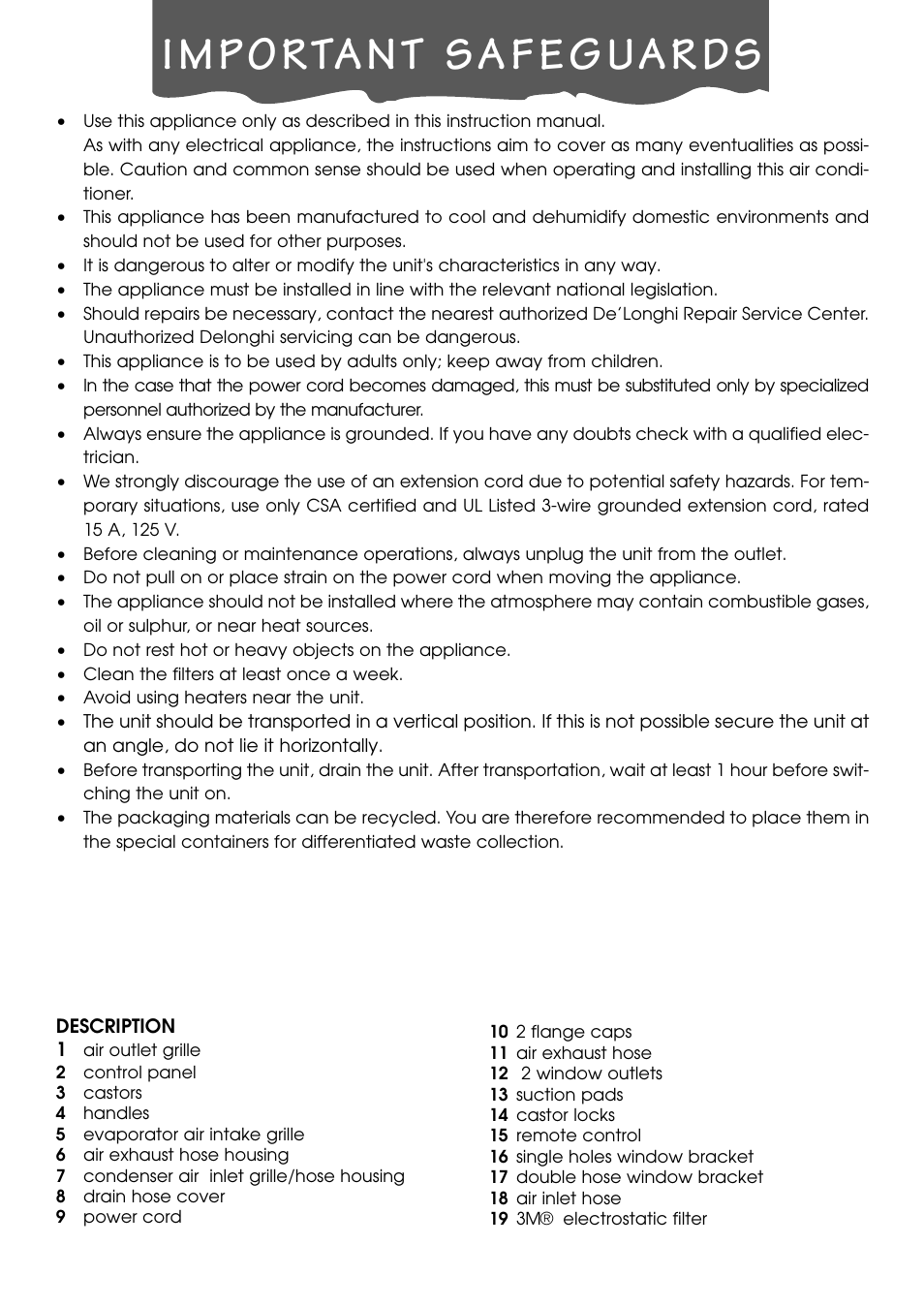 Important safeguards, Save these instructions | DeLonghi PACL90 User Manual | Page 3 / 18