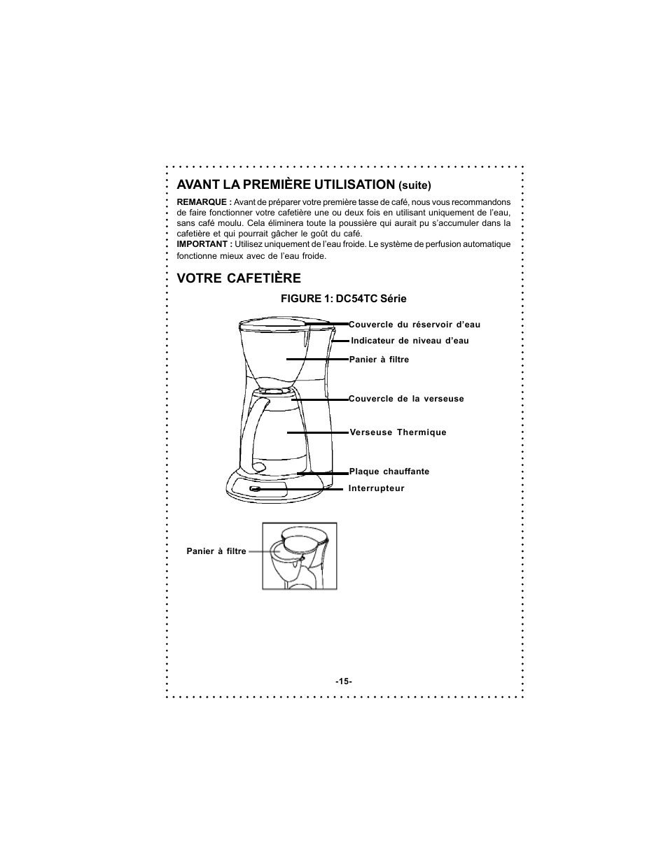 Avant la première utilisation, Votre cafetière | DeLonghi DC54TC User Manual | Page 15 / 50