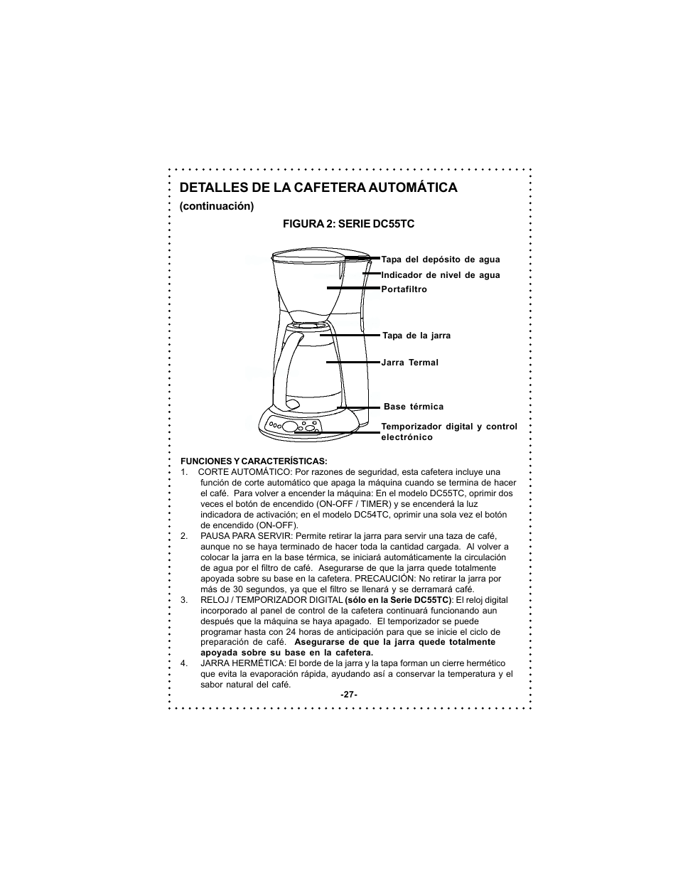 Detalles de la cafetera automática | DeLonghi DC54TC User Manual | Page 27 / 50