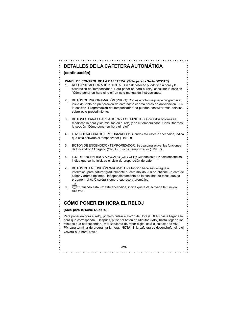 Detalles de la cafetera automática, Cómo poner en hora el reloj | DeLonghi DC54TC User Manual | Page 29 / 50