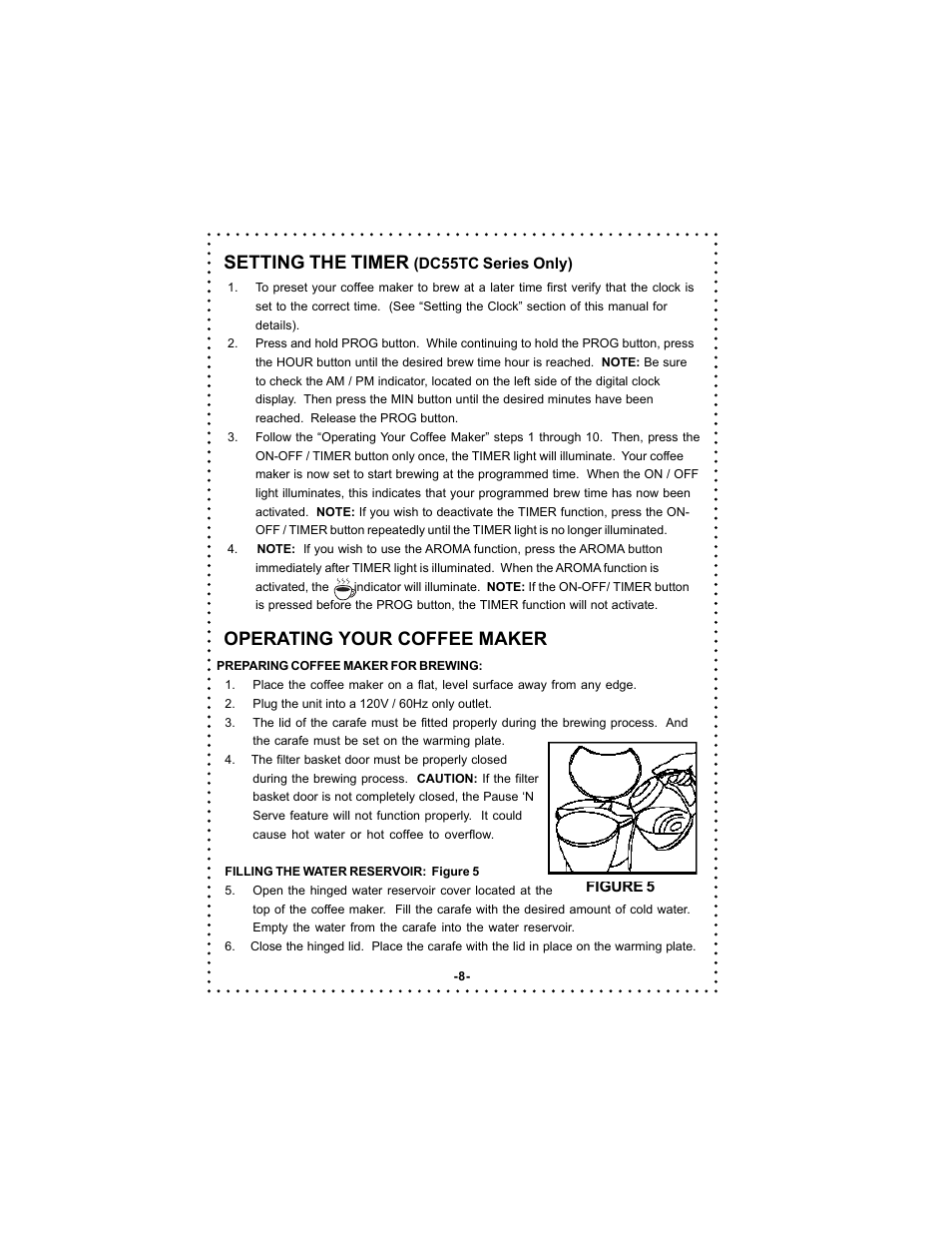 Operating your coffee maker, Setting the timer | DeLonghi DC54TC User Manual | Page 8 / 50