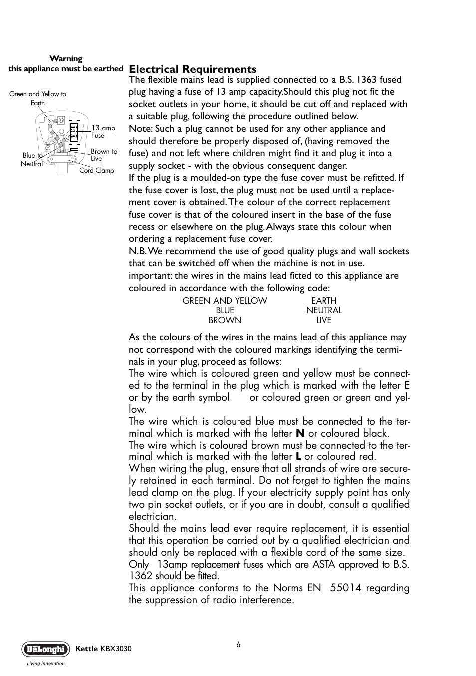 Electrical requirements | DeLonghi KS3300M User Manual | Page 6 / 7