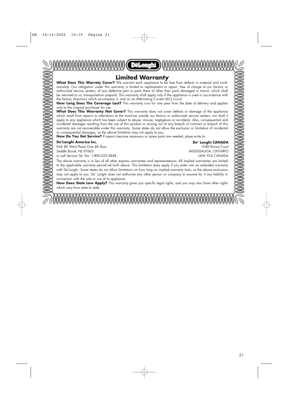 Limited warranty | DeLonghi AD1099 User Manual | Page 21 / 21