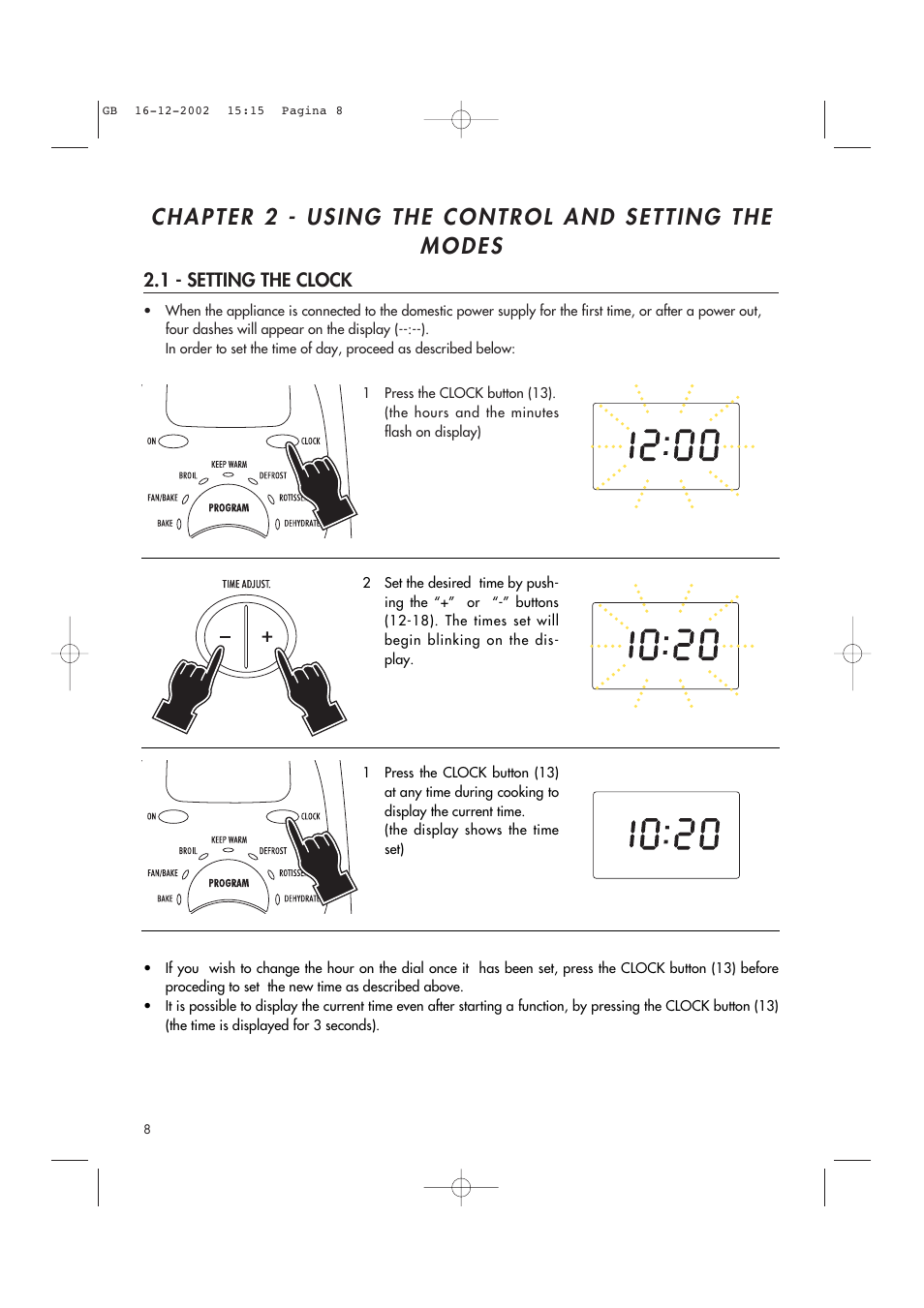 1 - setting the clock | DeLonghi AD1099 User Manual | Page 8 / 21