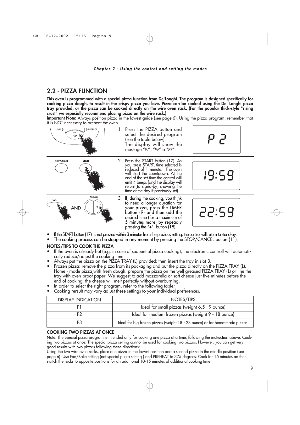 2 - pizza function | DeLonghi AD1099 User Manual | Page 9 / 21