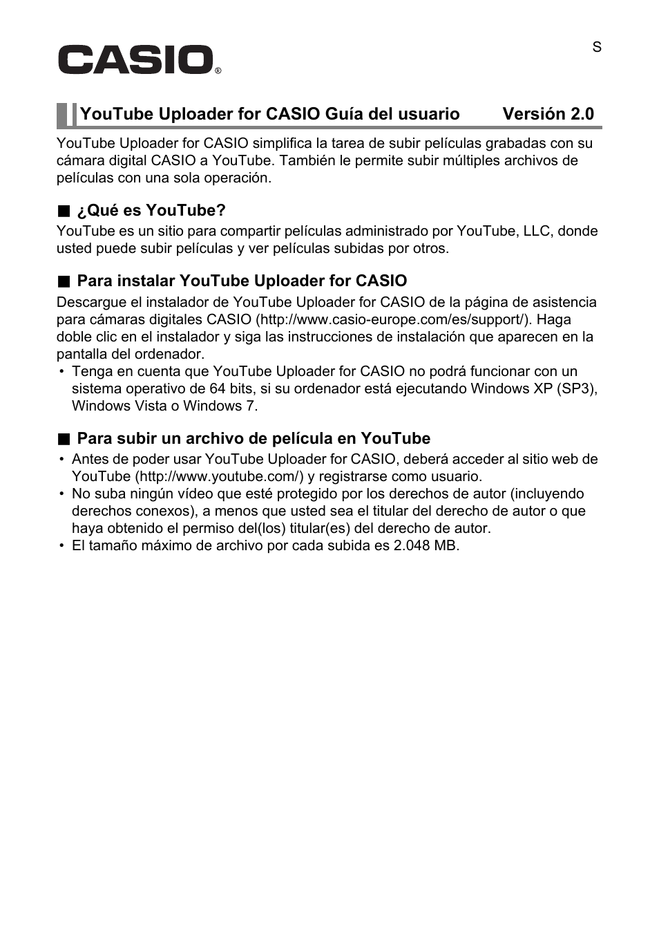 Casio YouTube Uploader for CASIO User Manual | 2 pages