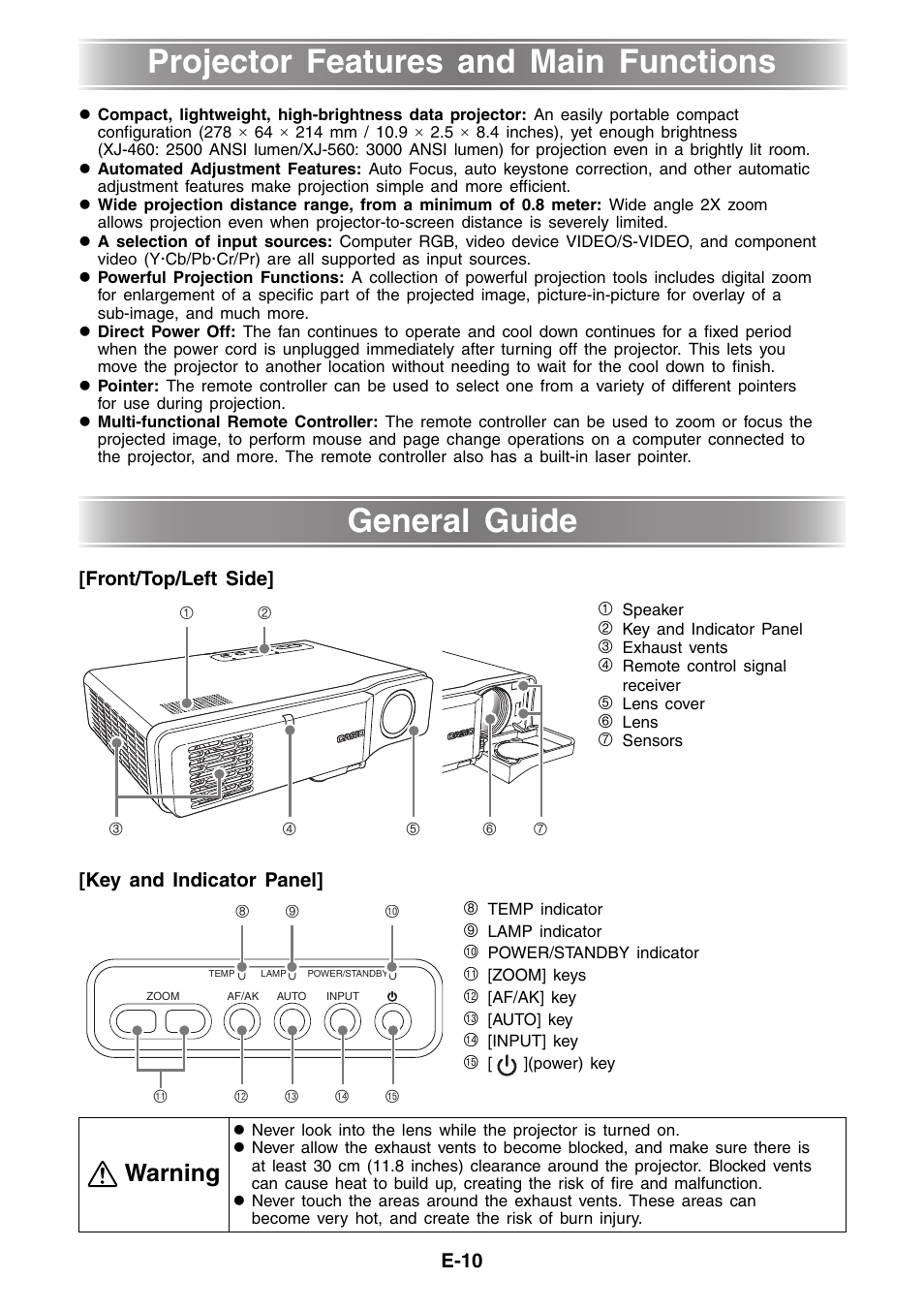 Projector features and main functions, General guide, Warning | Casio XJ-460 Basic Operations User Manual | Page 10 / 32