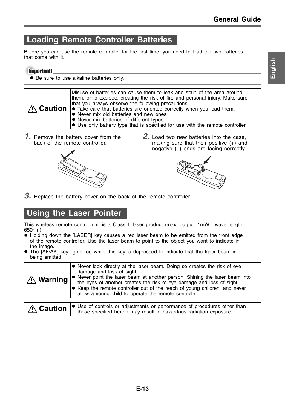 Loading remote controller batteries, Using the laser pointer, Caution | Warning | Casio XJ-460 Basic Operations User Manual | Page 13 / 32