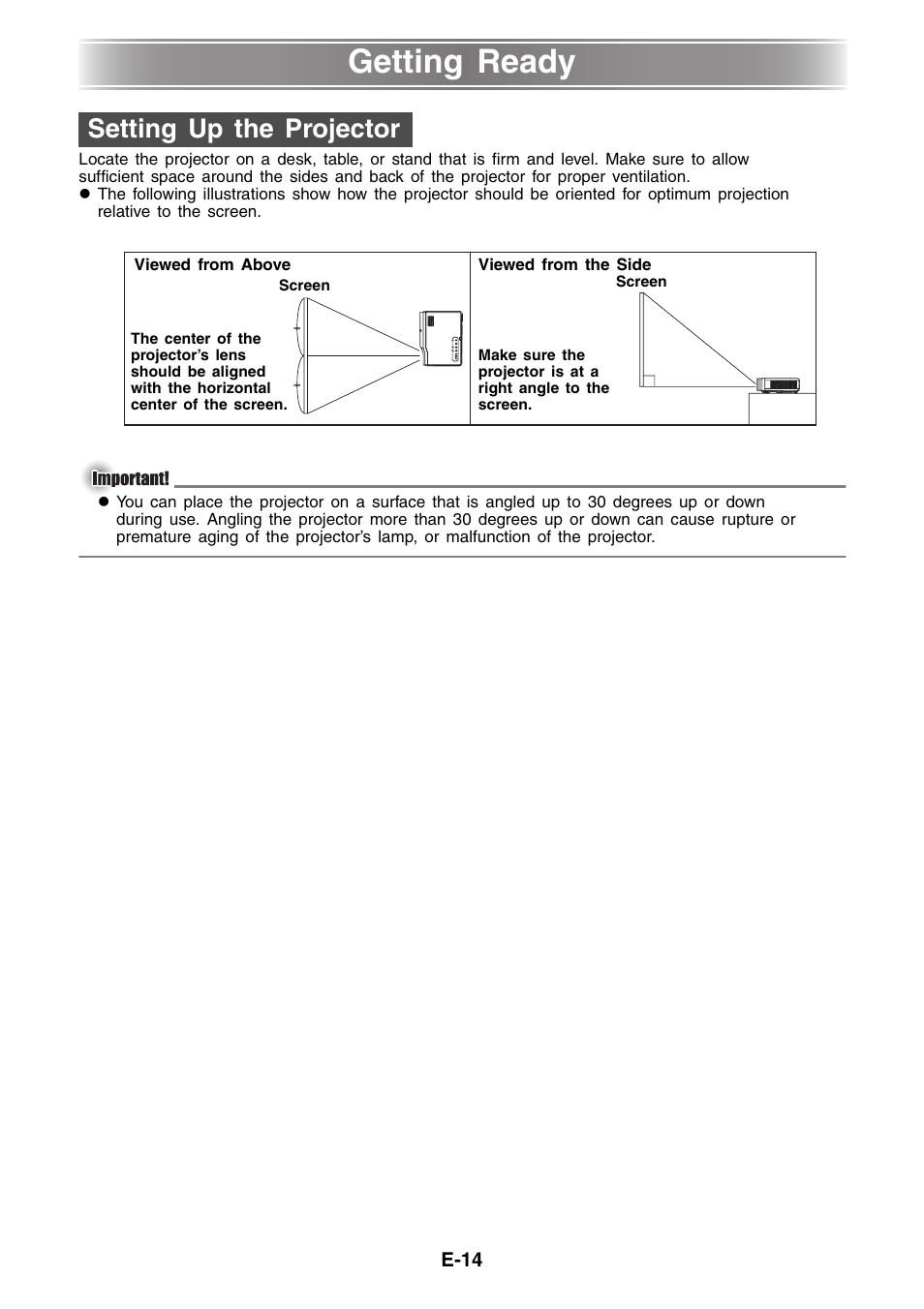 Getting ready, Setting up the projector | Casio XJ-460 Basic Operations User Manual | Page 14 / 32