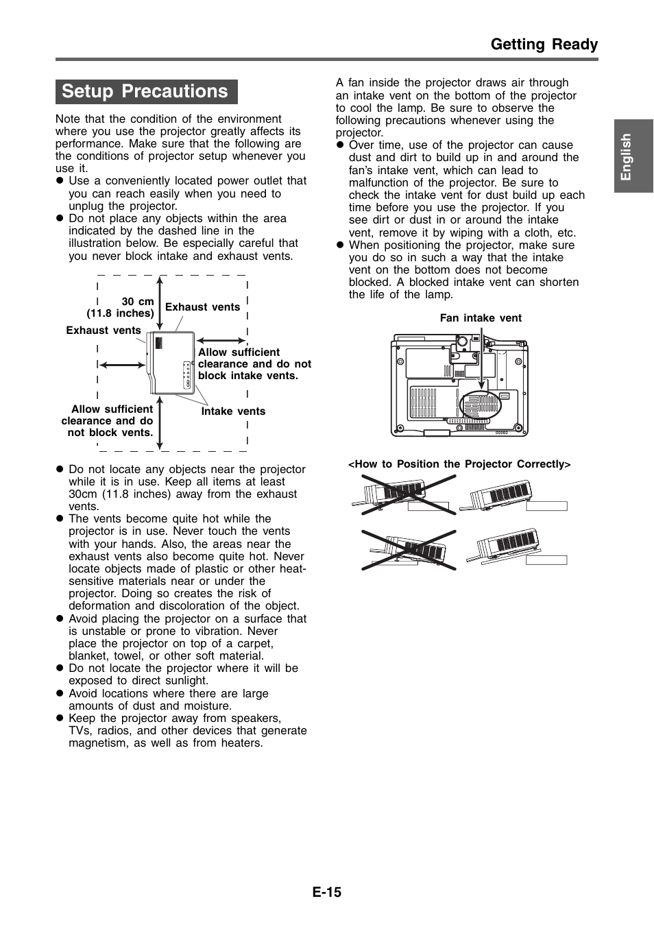 Setup precautions, Getting ready | Casio XJ-460 Basic Operations User Manual | Page 15 / 32