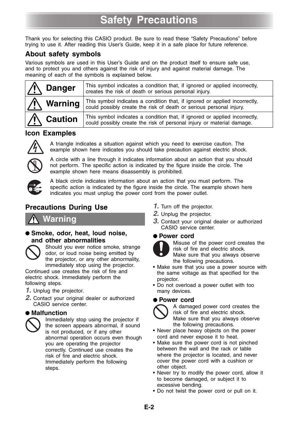 Safety precautions, Danger, Warning | Caution | Casio XJ-460 Basic Operations User Manual | Page 2 / 32