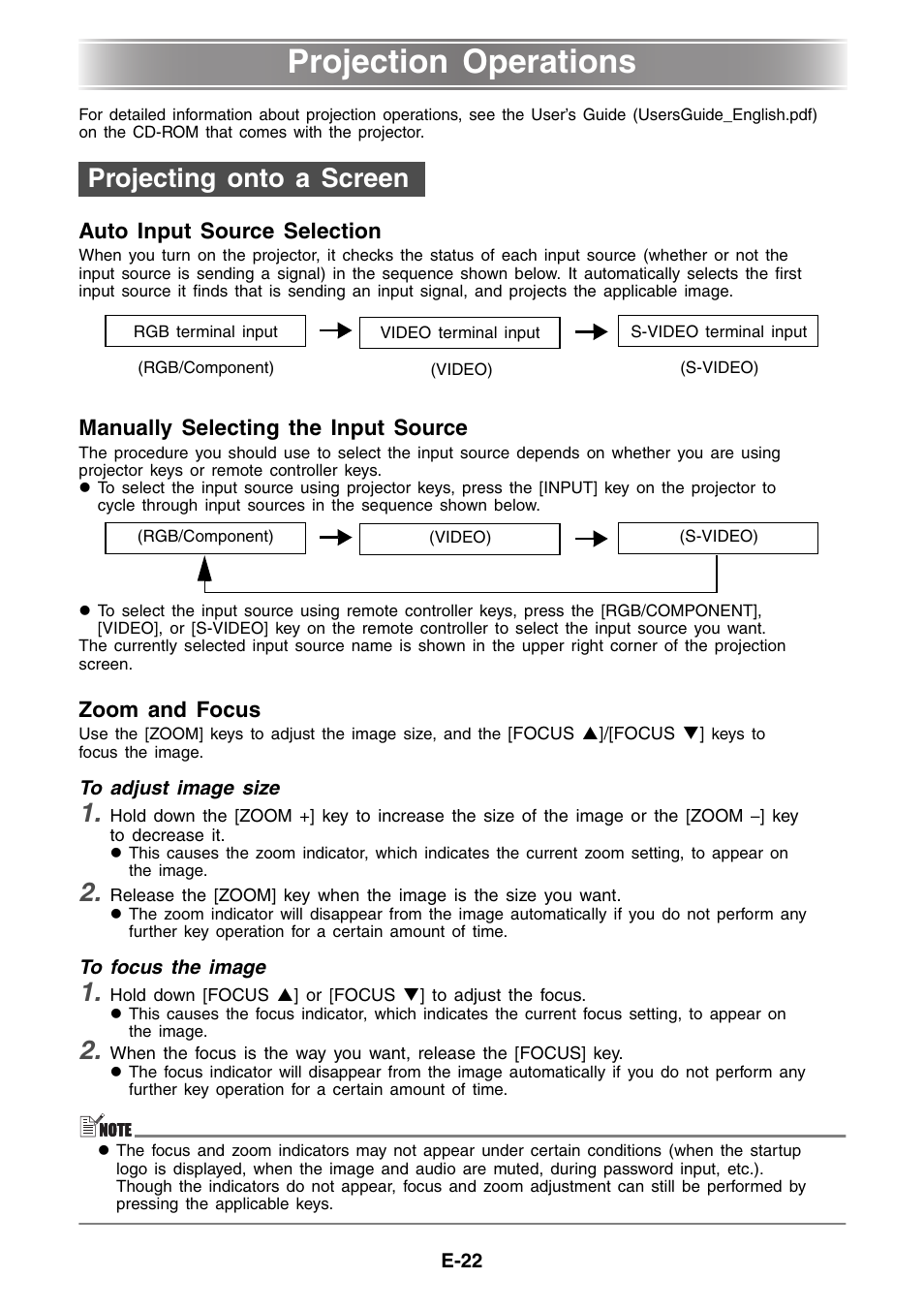 Projection operations, Projecting onto a screen | Casio XJ-460 Basic Operations User Manual | Page 22 / 32