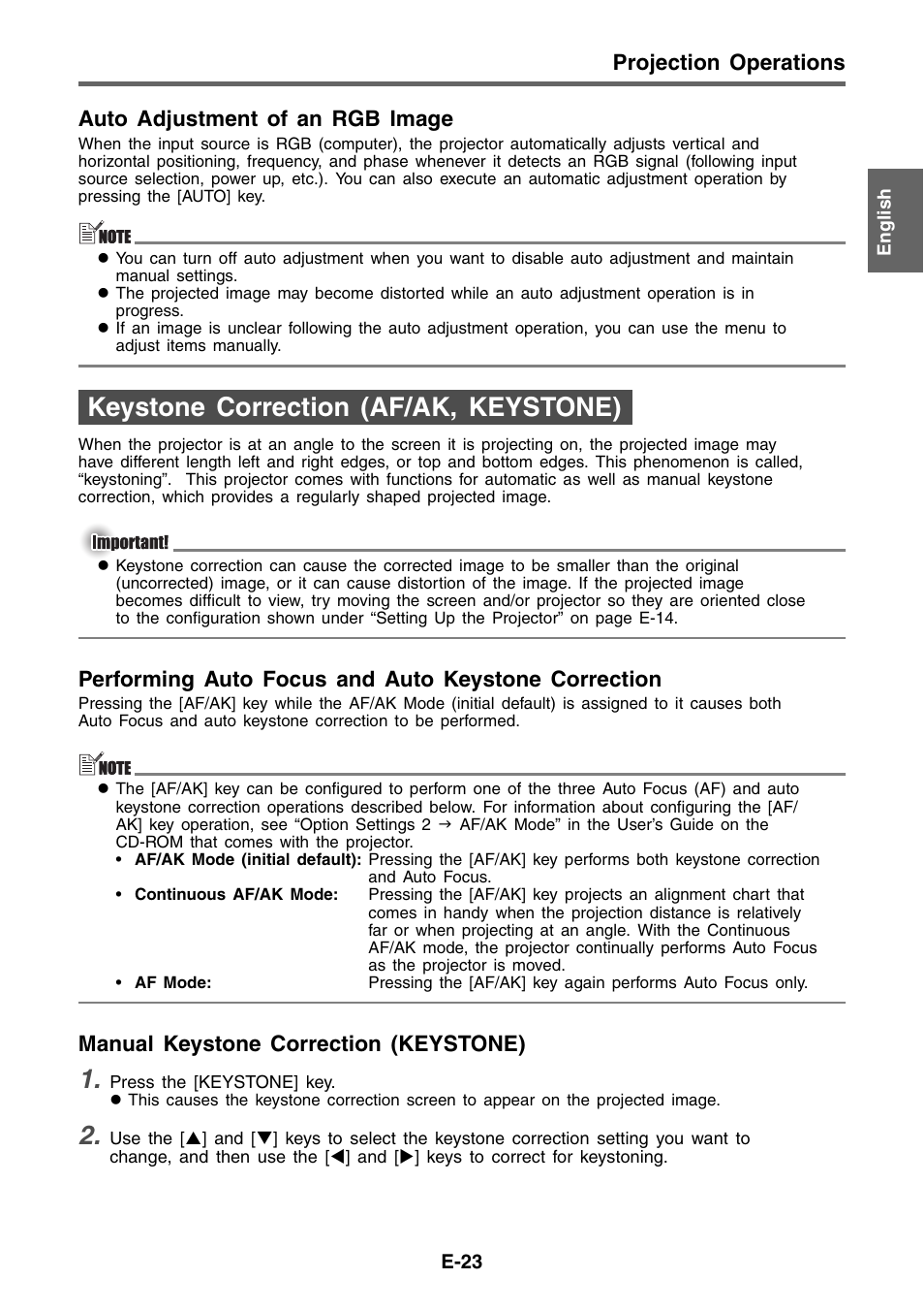 Keystone correction (af/ak, keystone) | Casio XJ-460 Basic Operations User Manual | Page 23 / 32