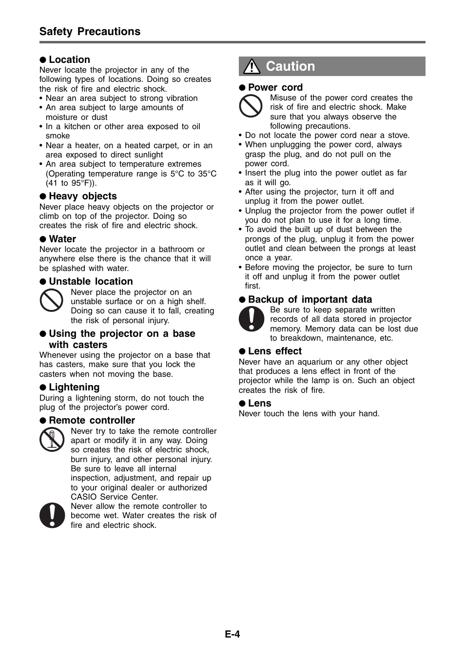 Caution, Safety precautions | Casio XJ-460 Basic Operations User Manual | Page 4 / 32