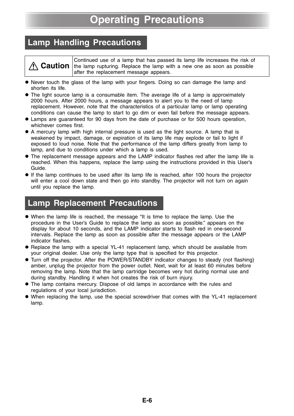 Operating precautions, Lamp handling precautions, Lamp replacement precautions | Caution | Casio XJ-460 Basic Operations User Manual | Page 6 / 32