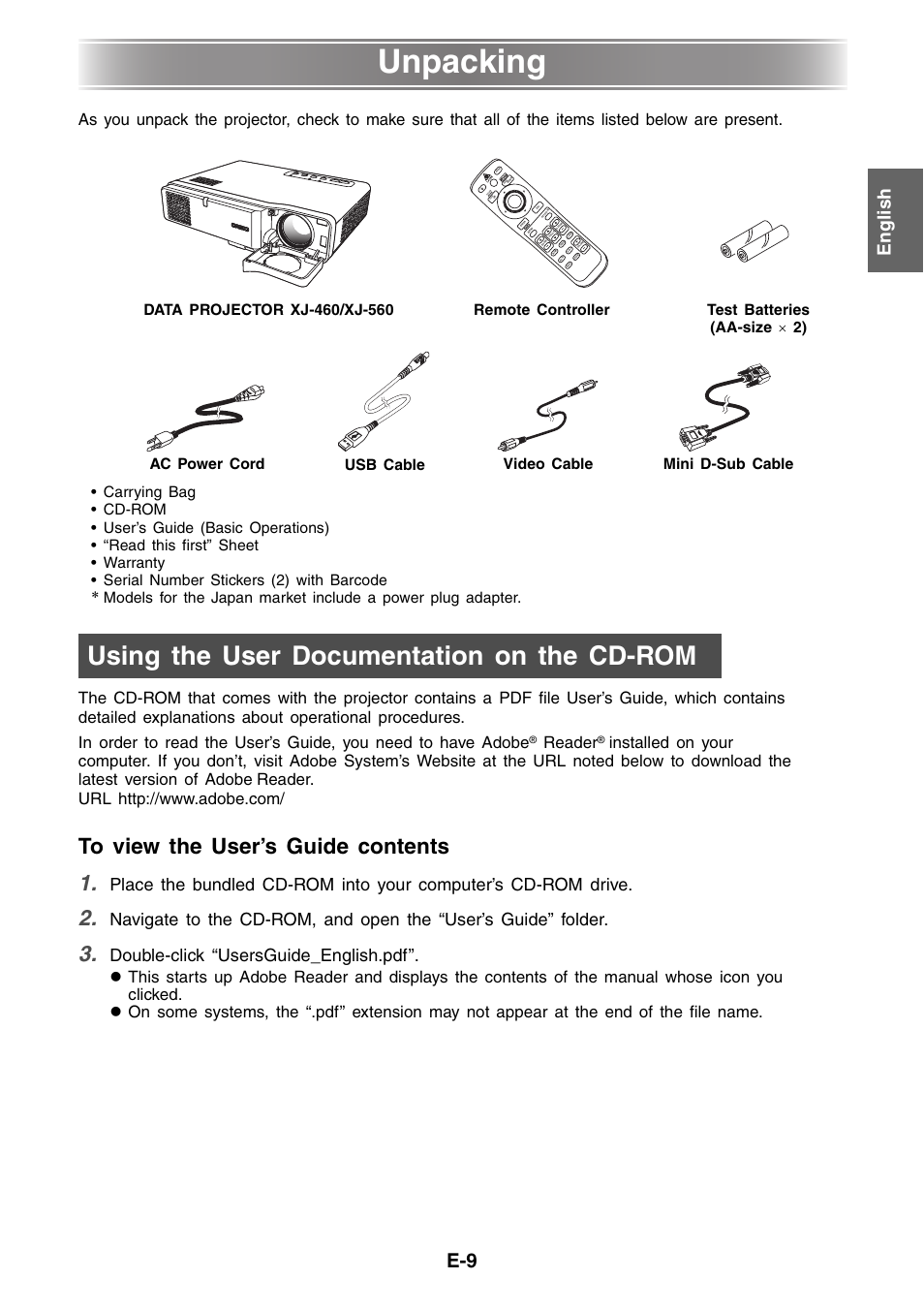 Unpacking, Using the user documentation on the cd-rom, En gl is h | Double-click “usersguide_english.pdf, Reader | Casio XJ-460 Basic Operations User Manual | Page 9 / 32