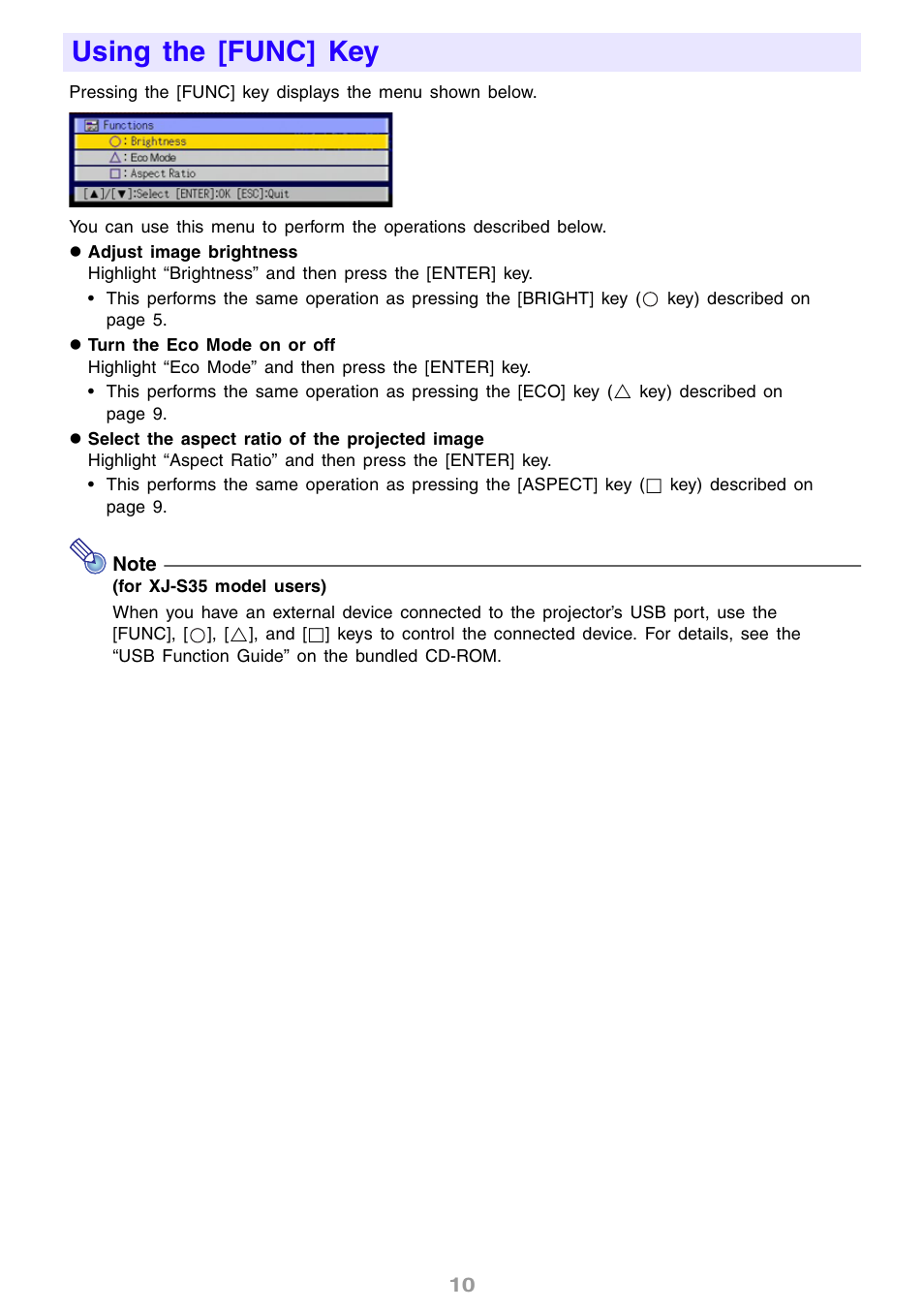 Using the [func] key | Casio XJ-S30 User Guide User Manual | Page 10 / 36