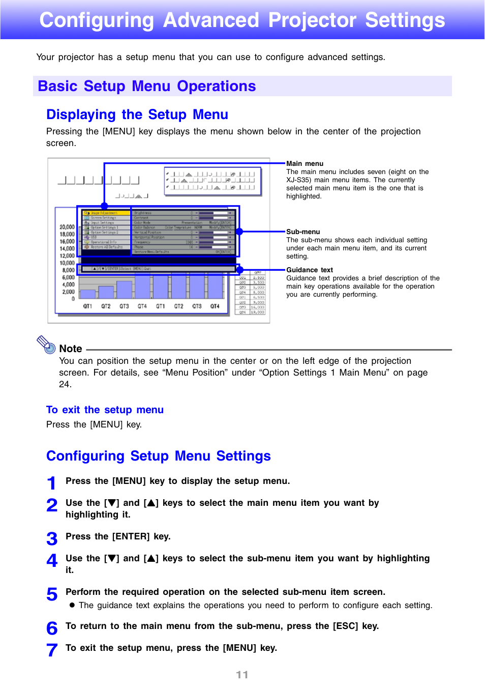 Configuring advanced projector settings, Basic setup menu operations, Displaying the setup menu | Configuring setup menu settings | Casio XJ-S30 User Guide User Manual | Page 11 / 36