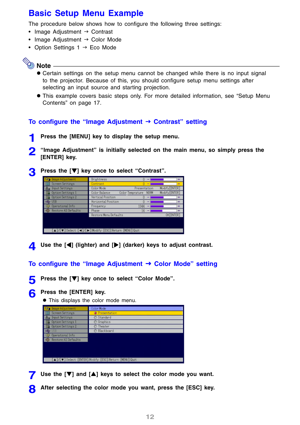 Basic setup menu example | Casio XJ-S30 User Guide User Manual | Page 12 / 36