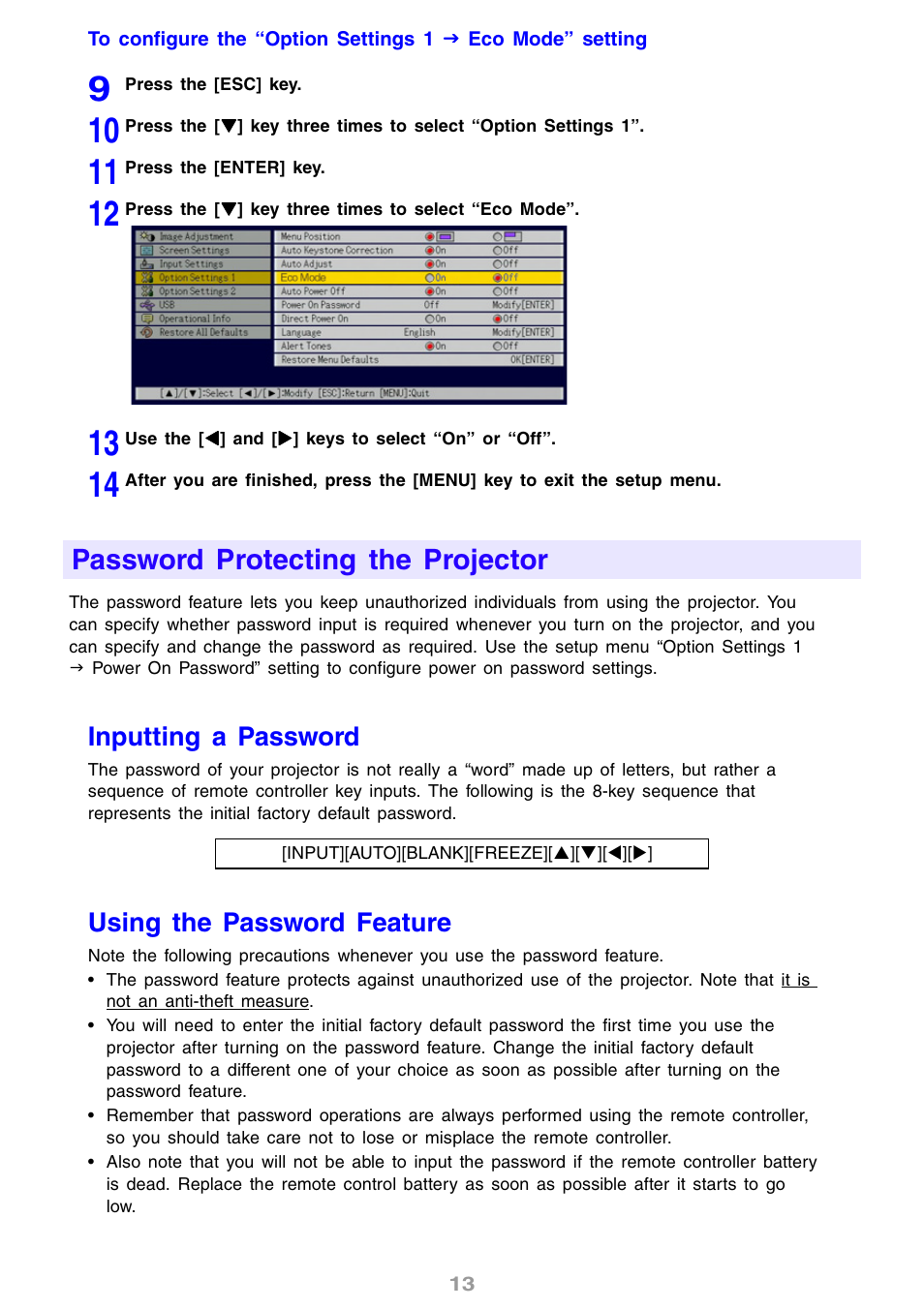 Password protecting the projector, Inputting a password, Using the password feature | Casio XJ-S30 User Guide User Manual | Page 13 / 36