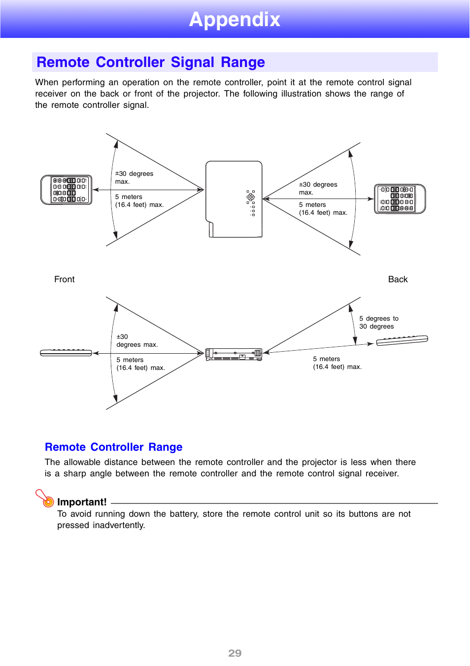 Appendix, Remote controller signal range, Remote controller range | Casio XJ-S30 User Guide User Manual | Page 29 / 36