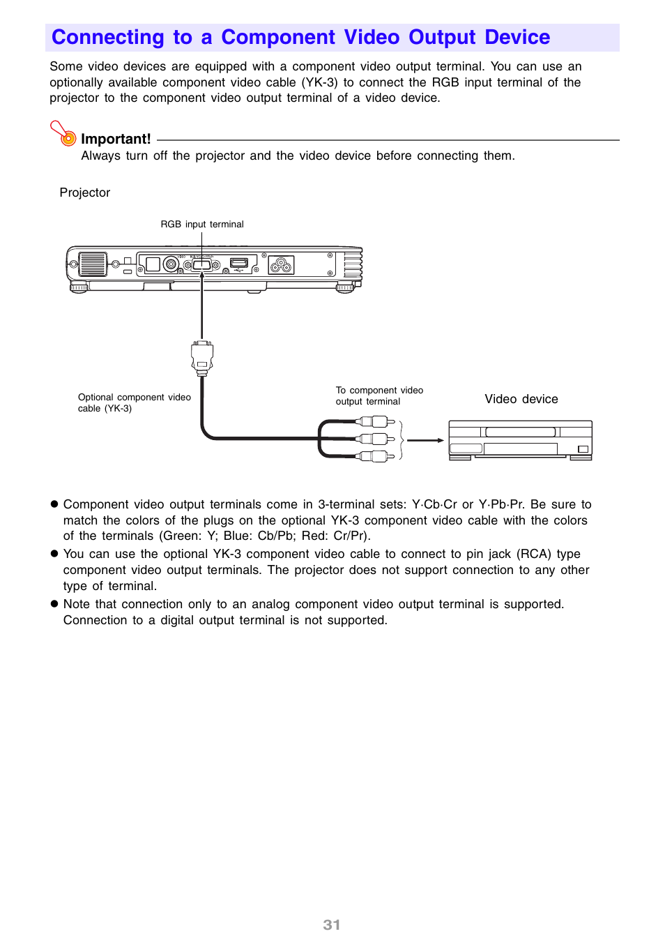 Connecting to a component video output device | Casio XJ-S30 User Guide User Manual | Page 31 / 36