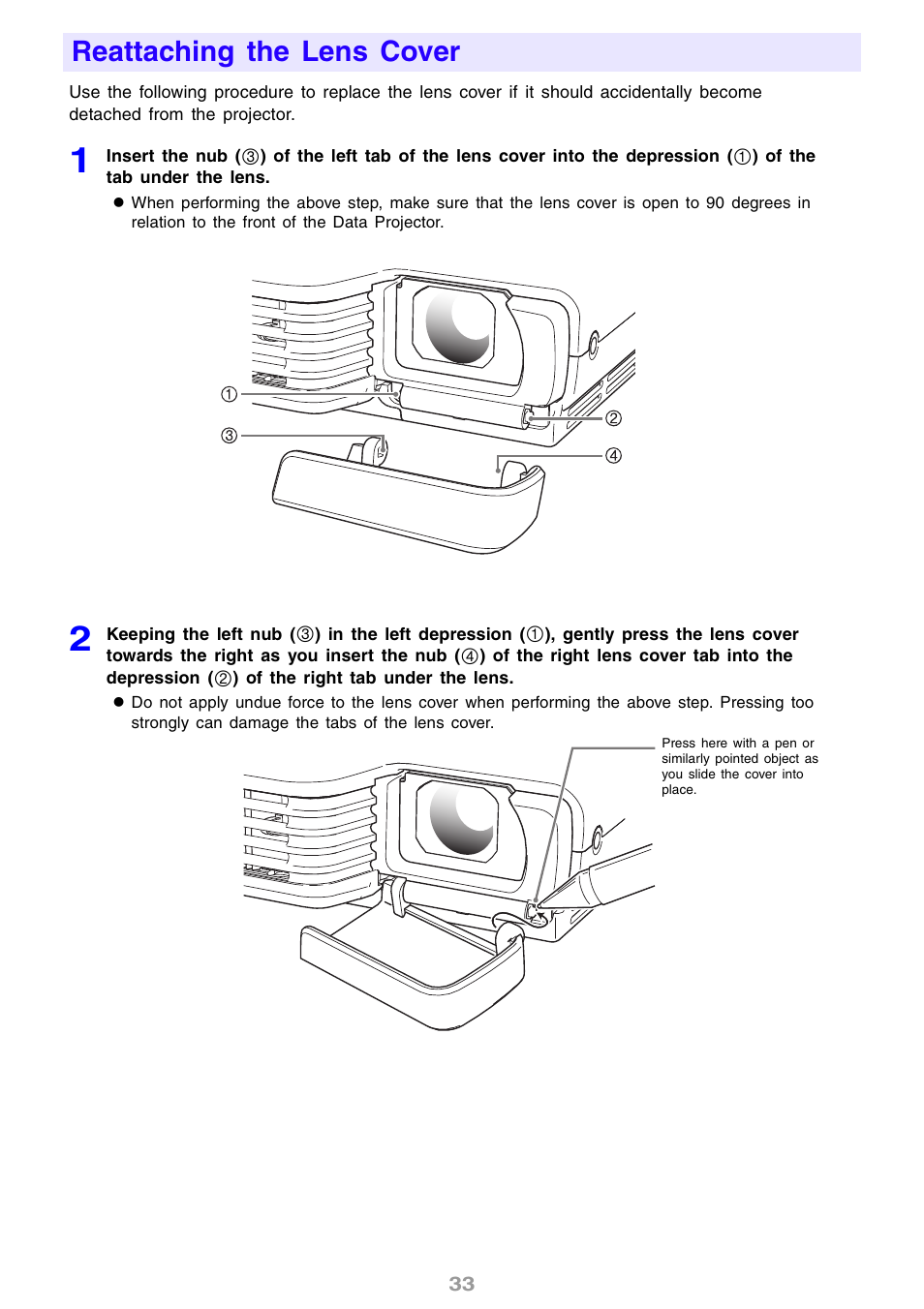 Reattaching the lens cover | Casio XJ-S30 User Guide User Manual | Page 33 / 36
