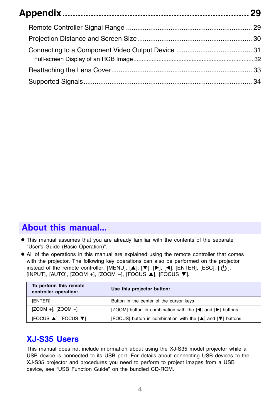 About this manual, Xj-s35 users, Appendix | Reattaching the lens cover supported signals | Casio XJ-S30 User Guide User Manual | Page 4 / 36