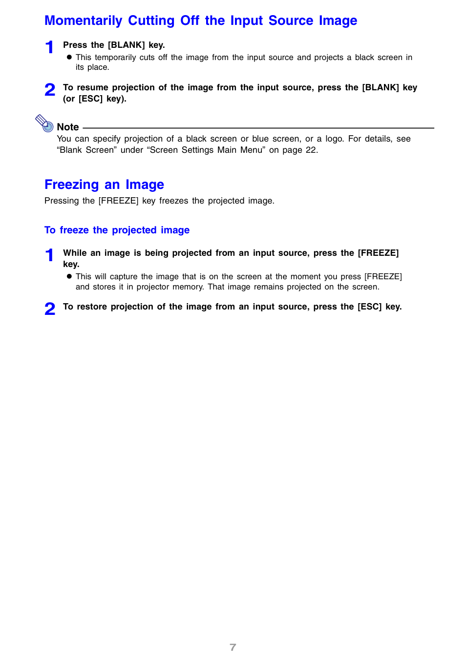 Momentarily cutting off the input source image, Freezing an image | Casio XJ-S30 User Guide User Manual | Page 7 / 36