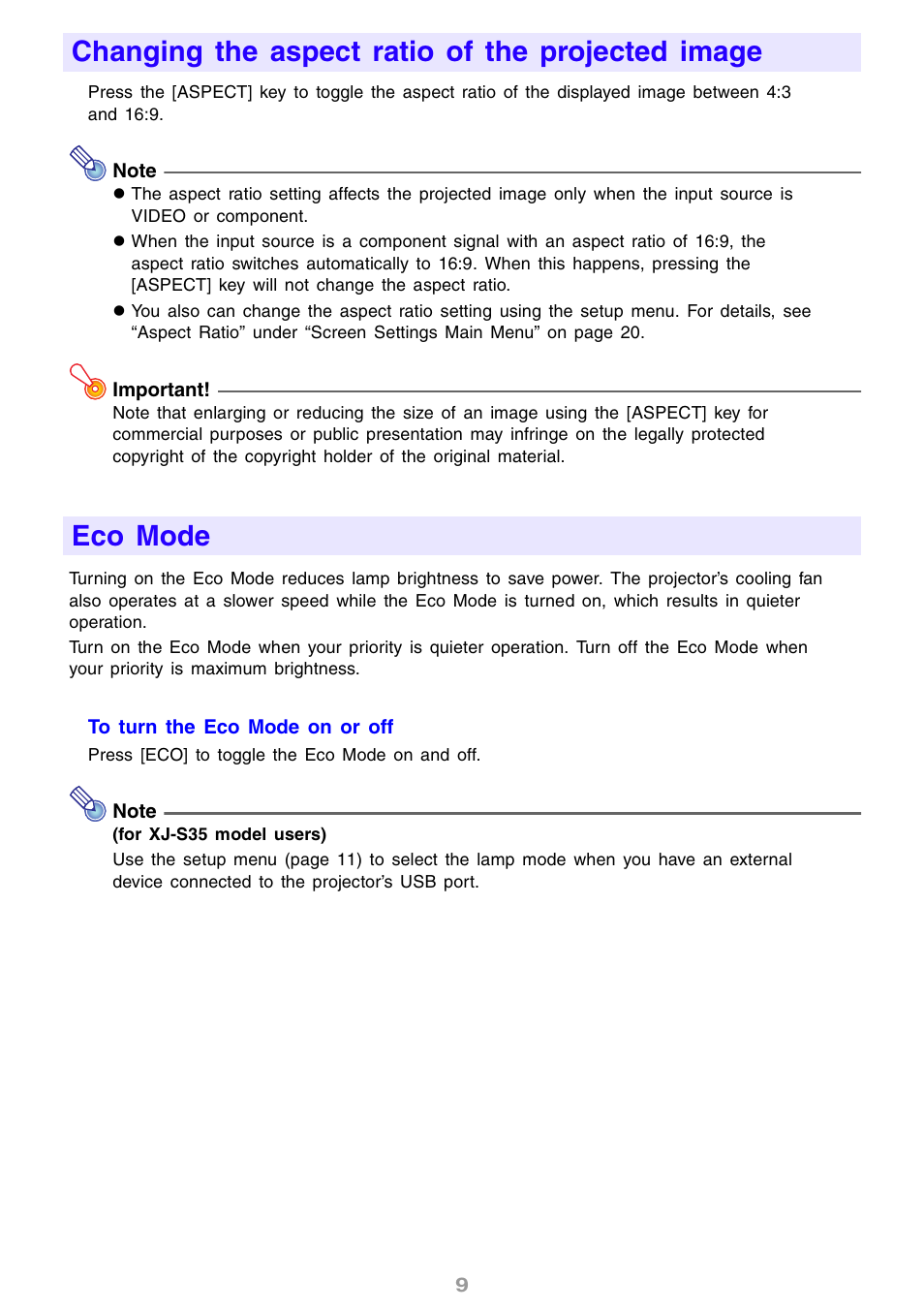 Changing the aspect ratio of the projected image, Eco mode | Casio XJ-S30 User Guide User Manual | Page 9 / 36