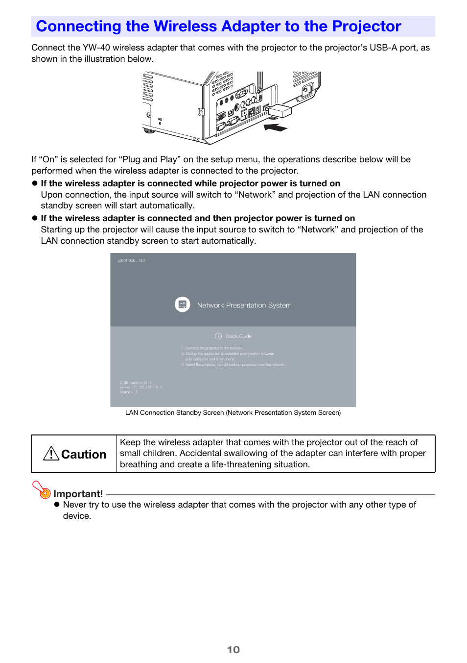 Connecting the wireless adapter to the projector, E 10, Caution | Casio XJ-UT310WN Network Function Guide User Manual | Page 10 / 79