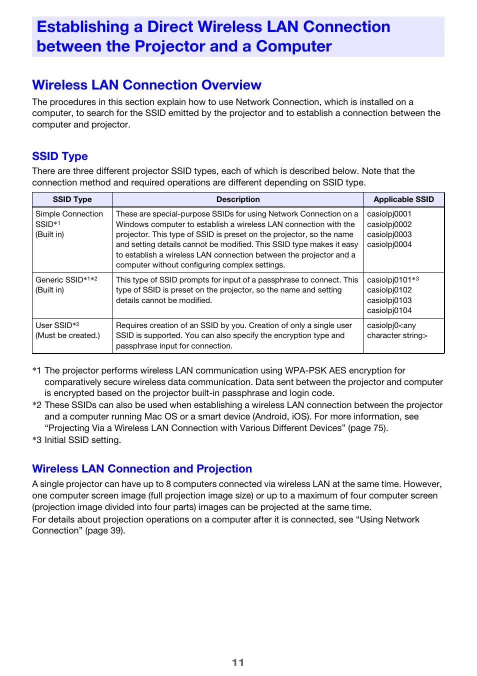 Wireless lan connection overview, E 11), Ssid type | Wireless lan connection and projection | Casio XJ-UT310WN Network Function Guide User Manual | Page 11 / 79