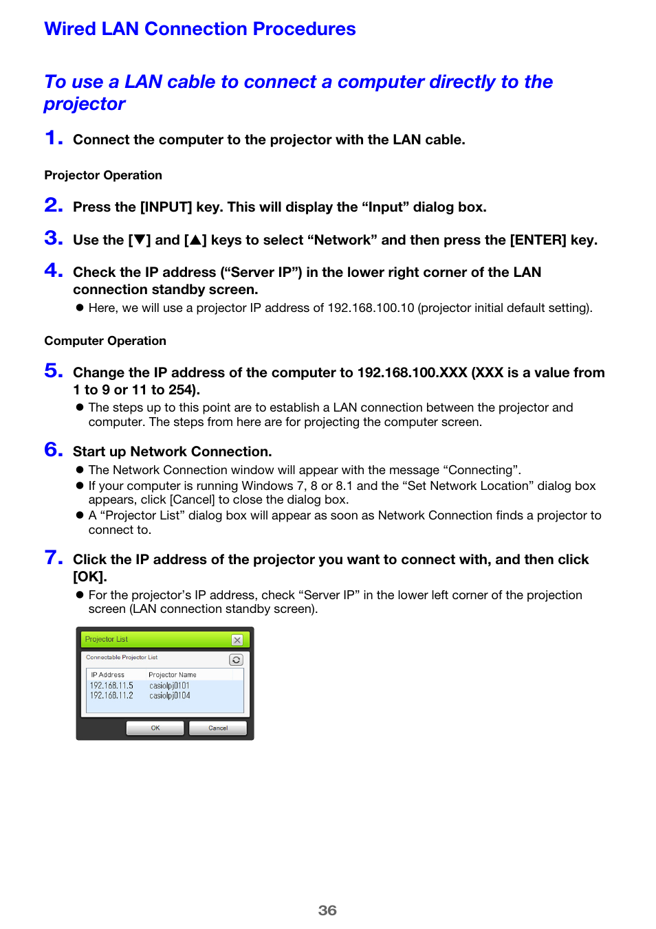 Wired lan connection procedures, E 36), s, E 36) | Casio XJ-UT310WN Network Function Guide User Manual | Page 36 / 79