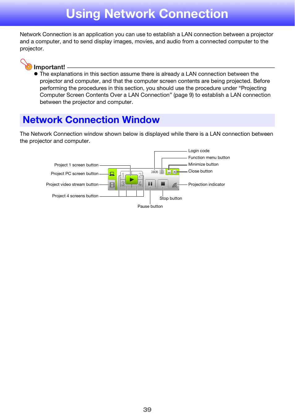 Using network connection, Network connection window, E “using network connection | E 39, E 39) | Casio XJ-UT310WN Network Function Guide User Manual | Page 39 / 79