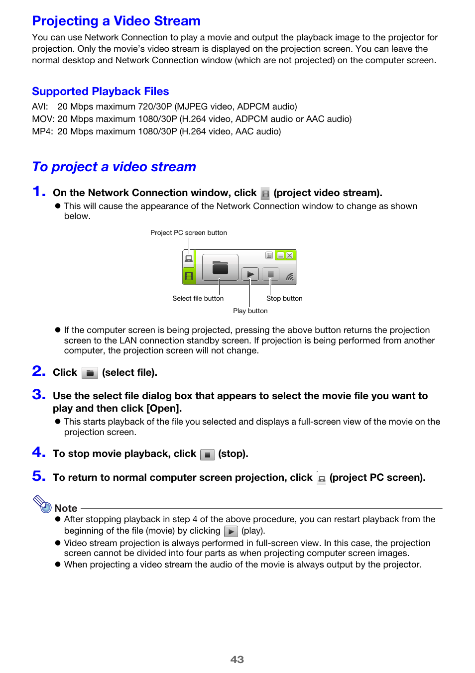 Projecting a video stream, To project a video stream | Casio XJ-UT310WN Network Function Guide User Manual | Page 43 / 79