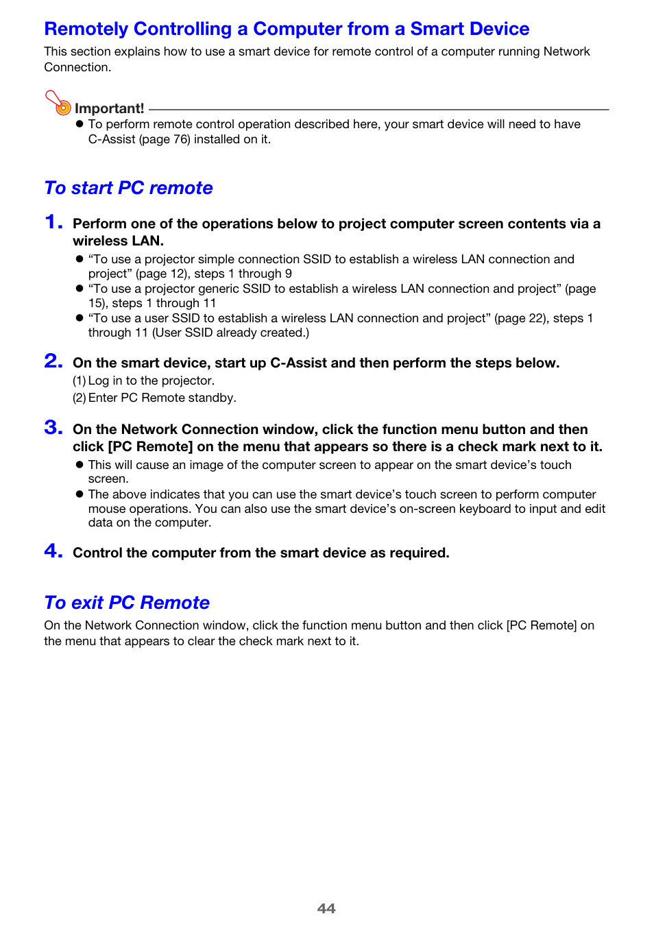 To start pc remote to exit pc remote | Casio XJ-UT310WN Network Function Guide User Manual | Page 44 / 79