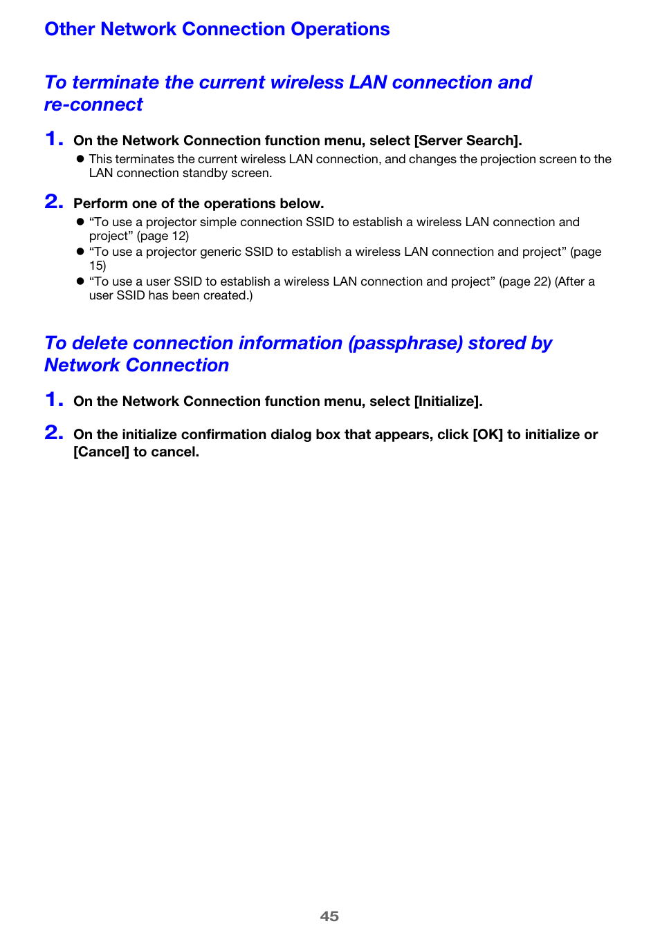 Other network connection operations, E 45) | Casio XJ-UT310WN Network Function Guide User Manual | Page 45 / 79