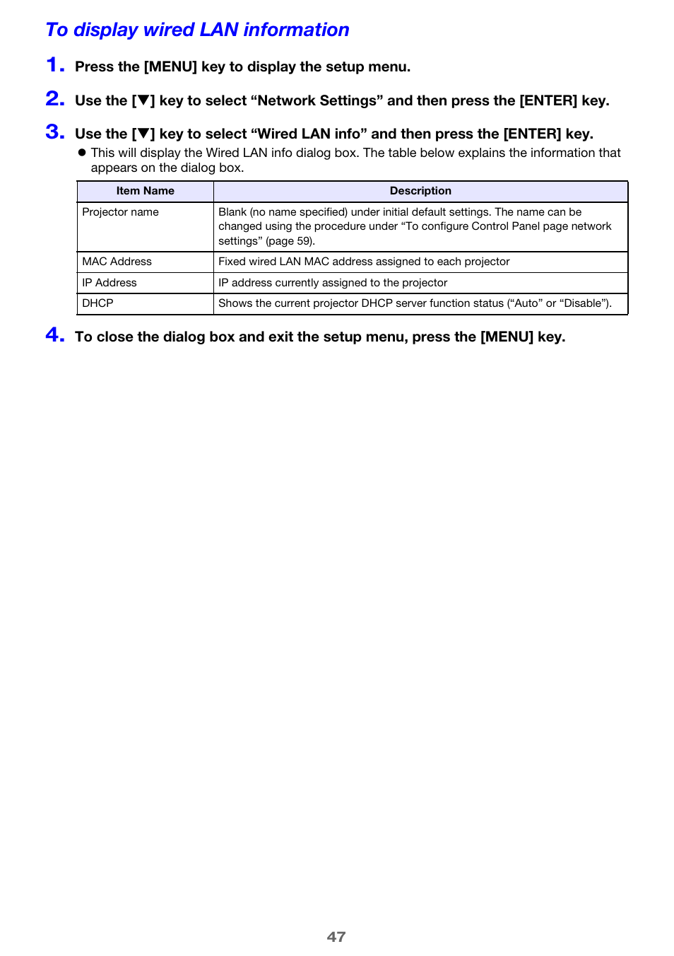 To display wired lan information | Casio XJ-UT310WN Network Function Guide User Manual | Page 47 / 79